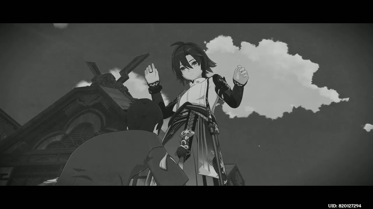 A fallen man beneath Shikanoin Heizou's feet for one minute while in greyscale [Genshin Impact / 原神]