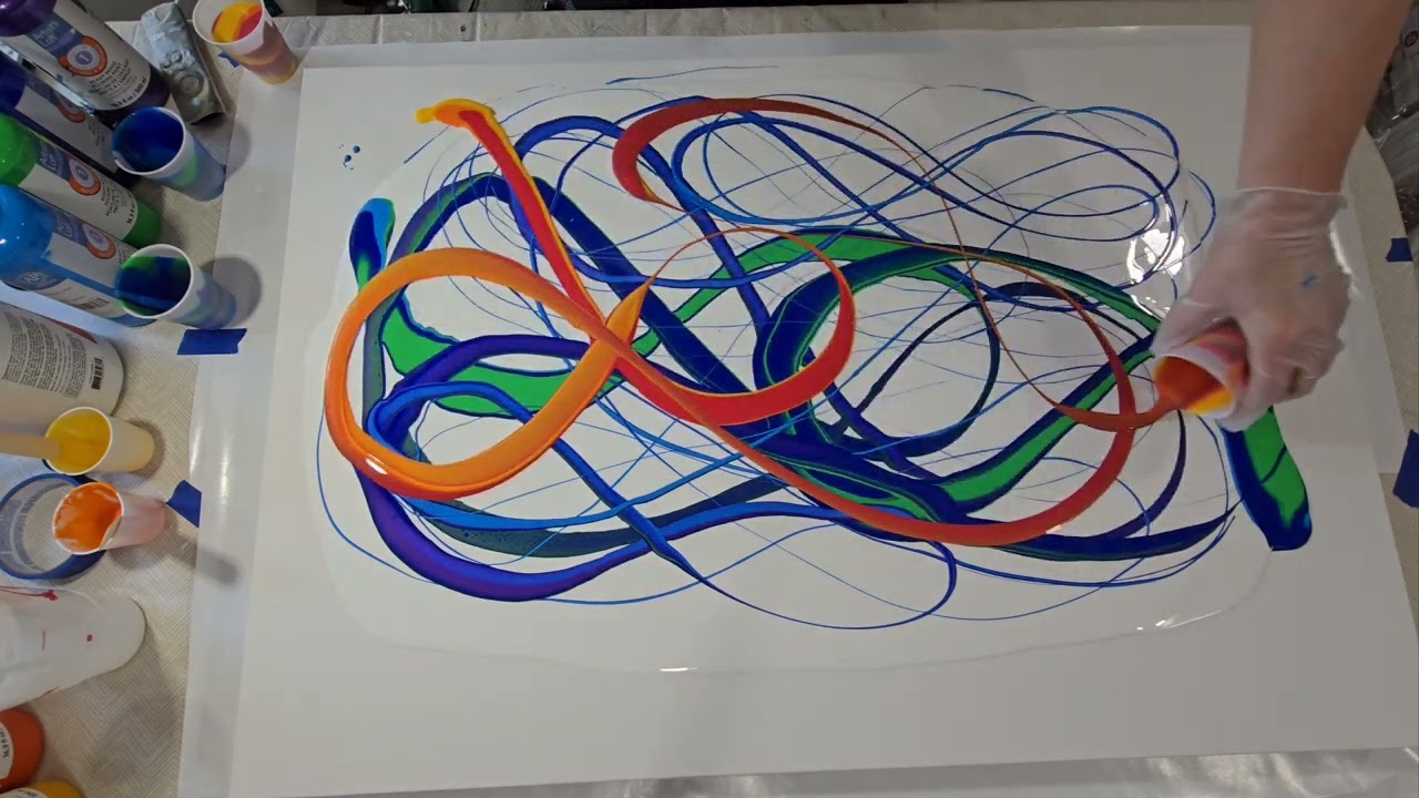 (582) FLUID ART GIGANTIC Ribbon Pour on BIG Canvas - ACRYLIC POURING with Ready Mixed Paints
