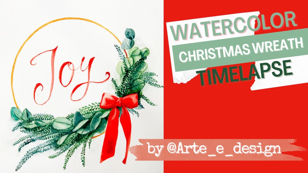 Christmas wreath watercolor. Dipinto con l'acquerello in timelaspe.