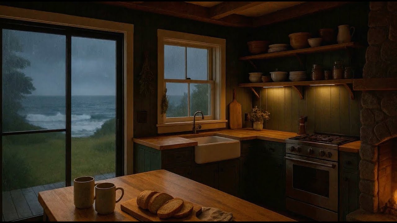 Stormy Coastal Kitchen | Rain, Thunder & Waves for Relaxation