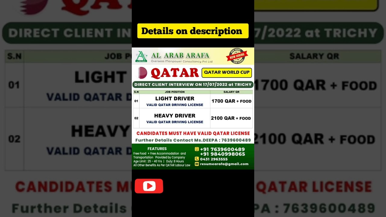 Qatar world cup based job Vacancy light drivers and Heavy driver