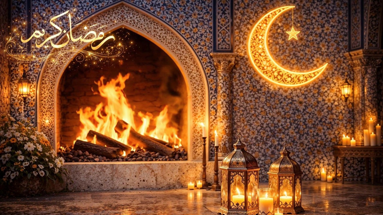 Relaxing Cozy Fireplace With Ramadan Ambience For Tv art Frame, Screensaver  خلفية شاشة رمضان كريم