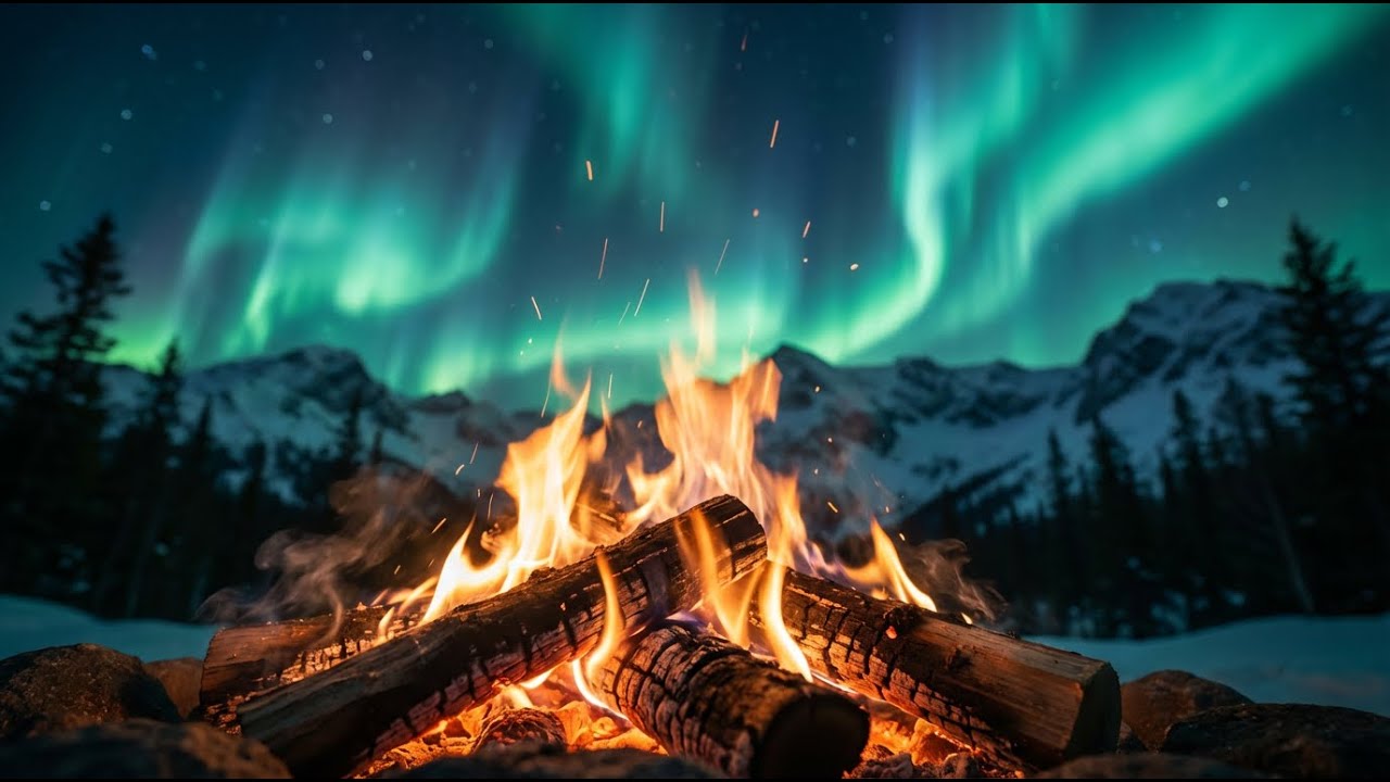 Arctic Campfire in Norway Under Aurora Borealis 🌌🔥 | Lake Fireplace Ambience for Relax & Sleep | 4K