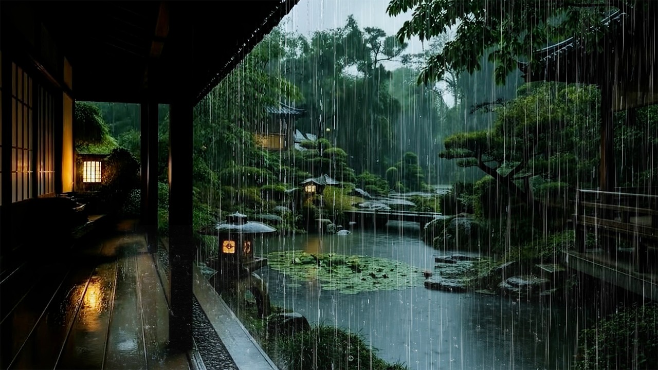 🌧️ Light Rainstorm on Wooden Cabin by Garden Pond | Deep Sleep Rain, Cure Insomnia