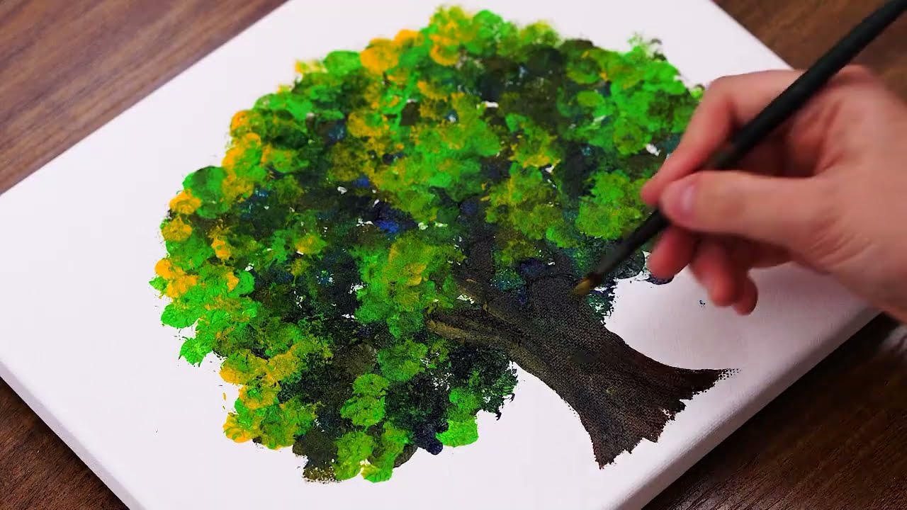 Paint Tree Using Sponge in 5min｜Easy Acrylic Painting For Beginners ASMR #1140