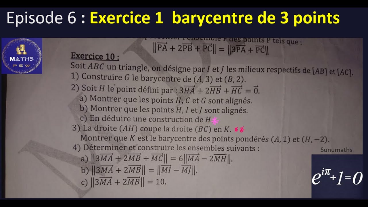 Barycentre de 3 points : Exercice très intéressant et complet avec des explications très détaillées