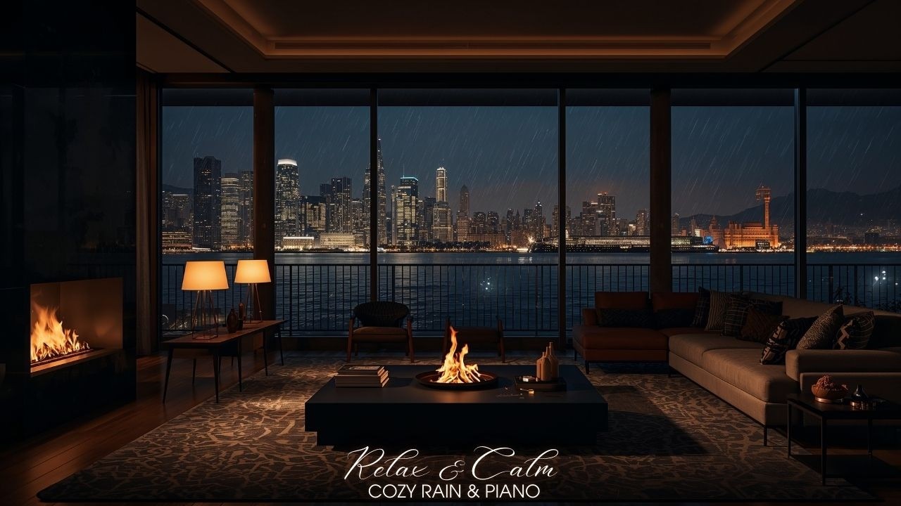 Luxury Waterfront Rain & Soft Piano 🌧️🎹 | Cozy Firelight & City Skyline | Deep Sleep 24/7