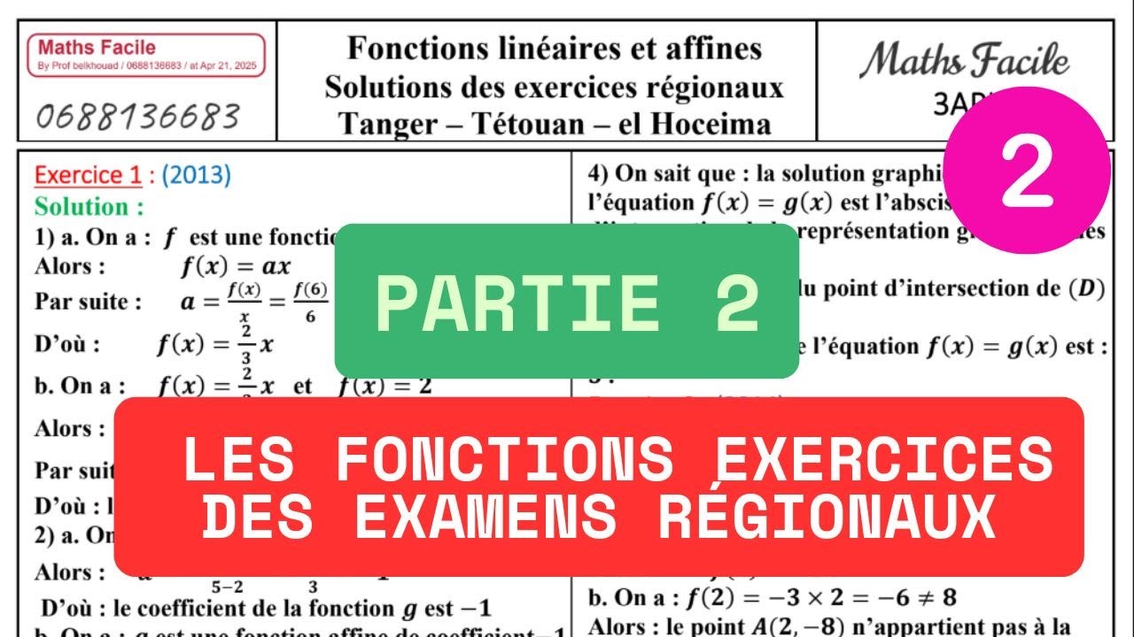 2️⃣ Les Fonctions Exercices des examens Régionaux 3AC Fonction linéaire Affine 3ème Année Collège