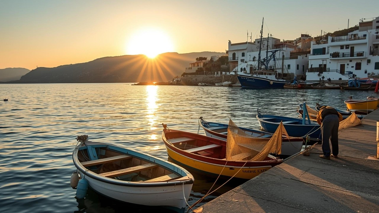 Greek Fishing Port at Dawn | Morning Ambience Greece | Bouzouki & Sea Sounds | Sleep Relax [30 Min]
