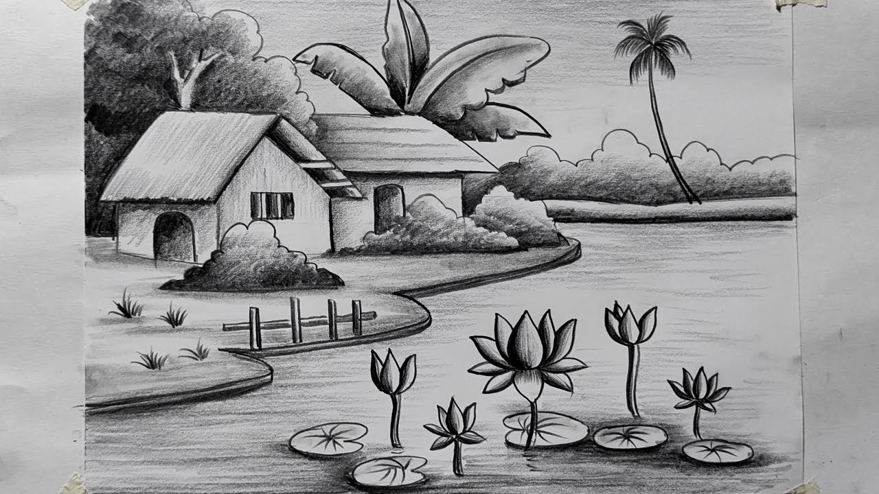 how to draw easy pencil sketch scenery,landscape pahar and river side scenery drawing,pencil ing,