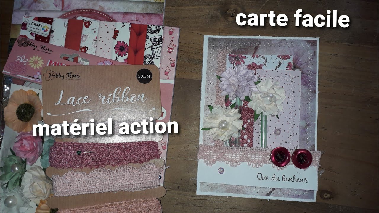 Tuto carte facile/papiers,dentelles,fleurs et tampon action/vive le mélange #récup.