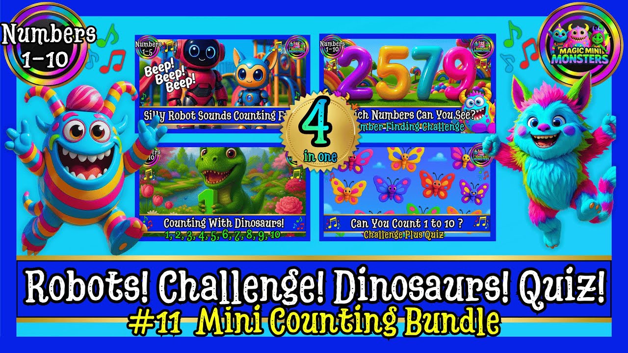 #11 Mini Counting Bundle | Robots Hunt Dinosaurs Quiz | Magic Mini Monsters | #magicminimonsters