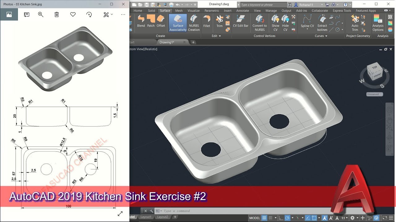 AutoCAD 2019 3D Modeling Kitchen Sink Tutorial Graphic Design Software