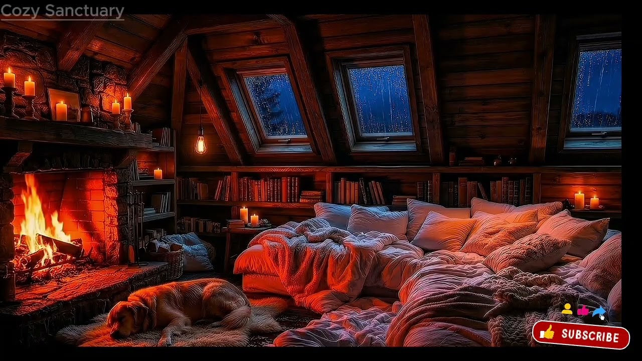 🌧️🔥The Ultimate Safe Haven | Heavy Rain on Attic Glass & Fireplace Glow