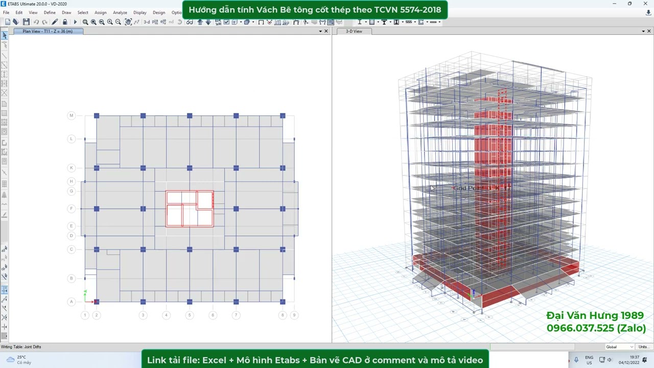 Hướng dẫn thiết kế Vách BTCT theo TCVN 5574-2018 - Đầy đủ file Excel và Etabs