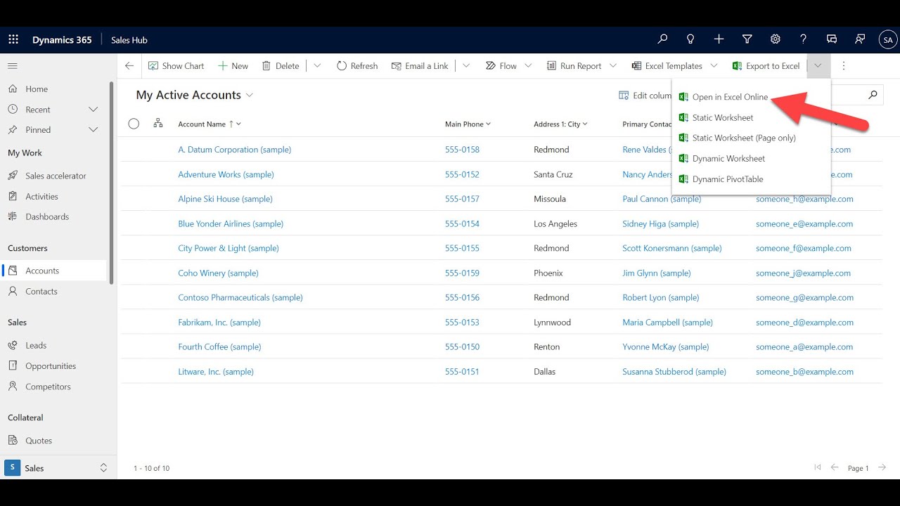 Open and work on Dynamics 365 list data in Excel Online