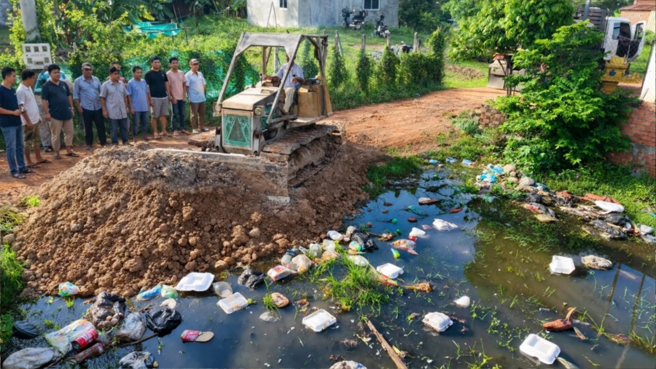 Complete100% Delete Water On The Flooded In Village by Dozer Push Dirt & Dump Truck Unloading Soil