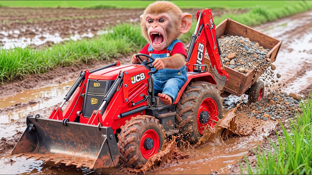 Monkey Nana the Tractor Excavator Carries Sand & Gravel to Rebuild the Road After Heavy Rain! 🚜🌧️