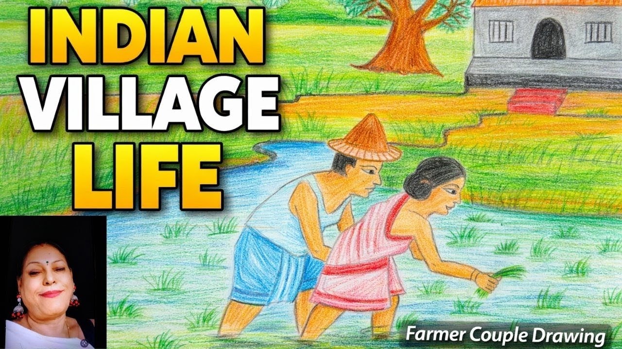 Indian Village Life Drawing|Farmer Couple in Paddy Field|Easy Scenery Drawing|