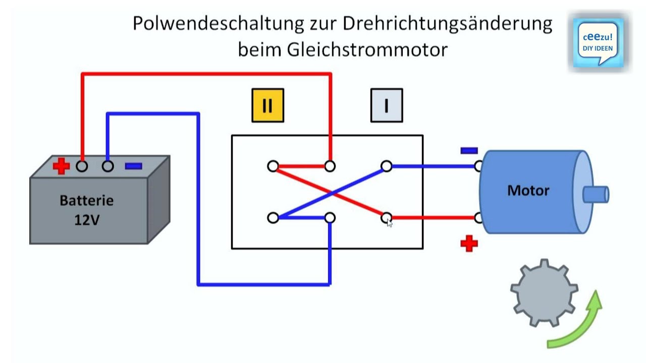 Polwechsel-Schaltung im Gleichstromkreis, Drehrichtung ändern / umkehren beim Gleichstrom-Motor
