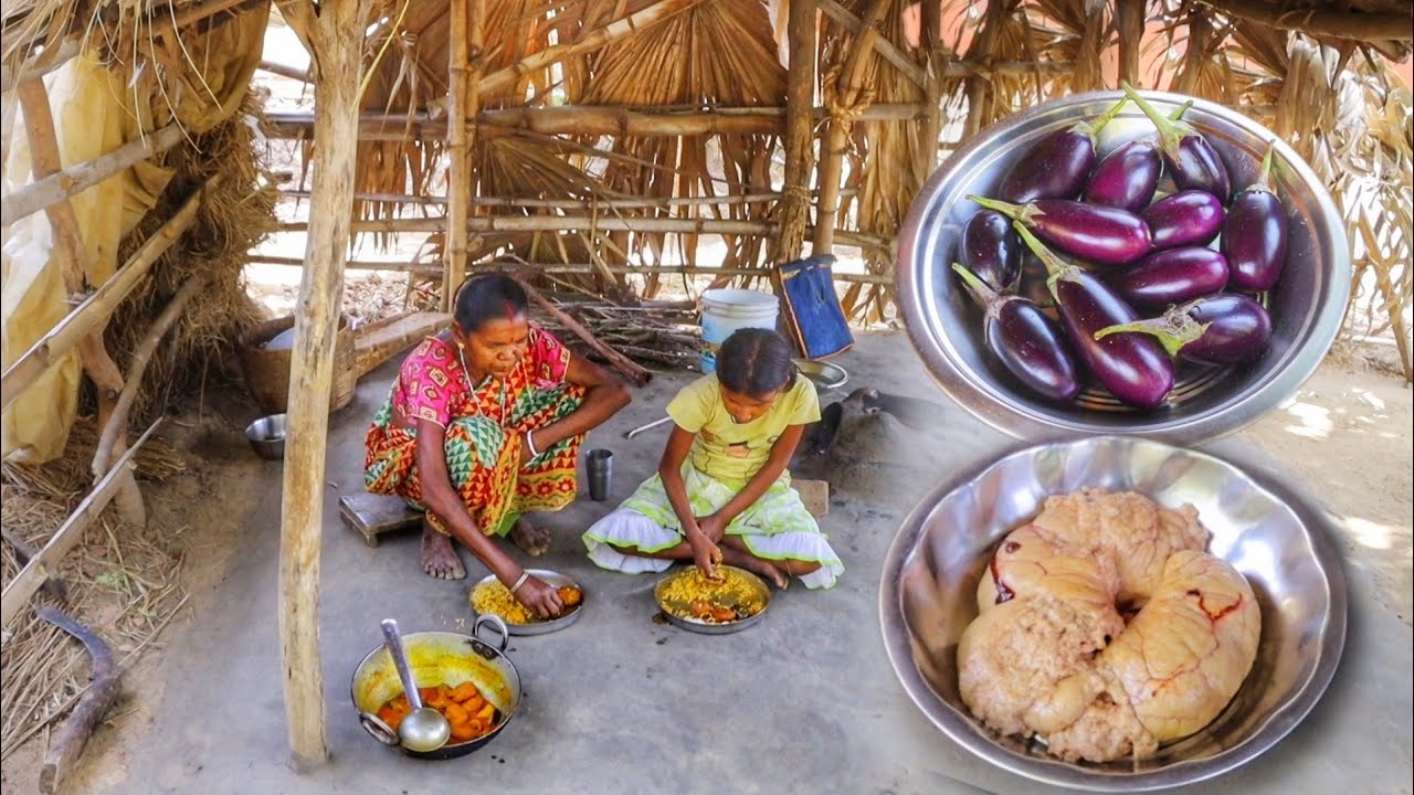 FISH EGG curry with BRINJAL recipe cooking and eating by our santali tribe grandma