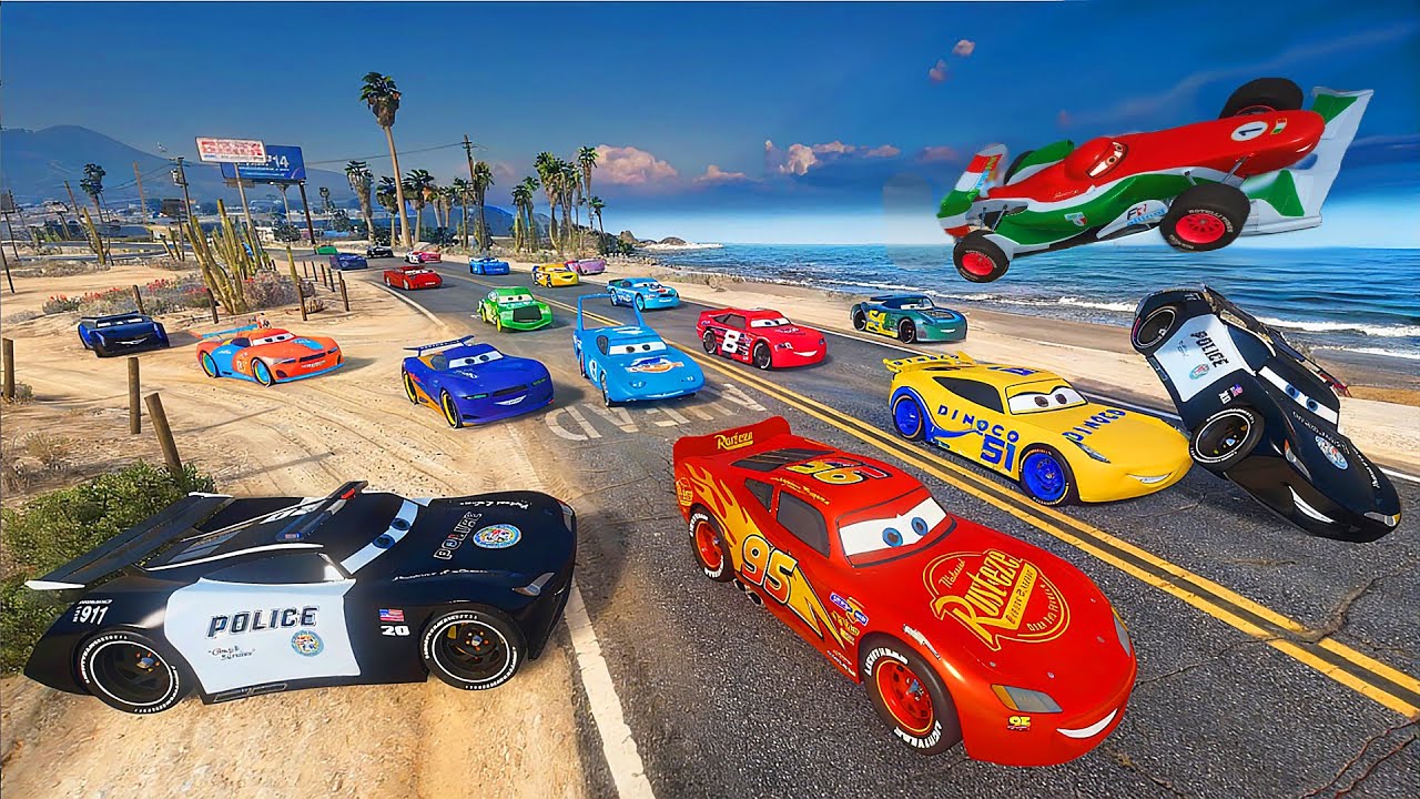 Street Race Cars Lightning McQueen VS Police Cars Chase & Friends Cruz Ramirez Storm - Hot pursuit