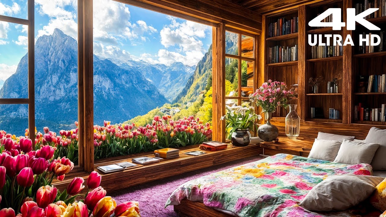 Fresh Spring Air & Mountain View from a High Room | 4K Nature Sounds Ambience