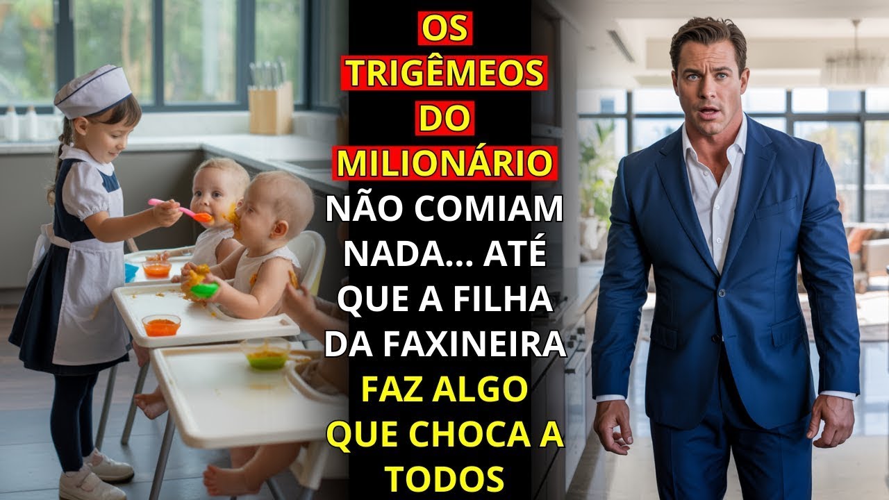 OS TRIGÊMEOS DO MILIONARIO NÃO COMIAM NADA… ATÉ QUE A FILHA DA FAXINEIRA FAZ ALGO QUE CHOCA A TODOS