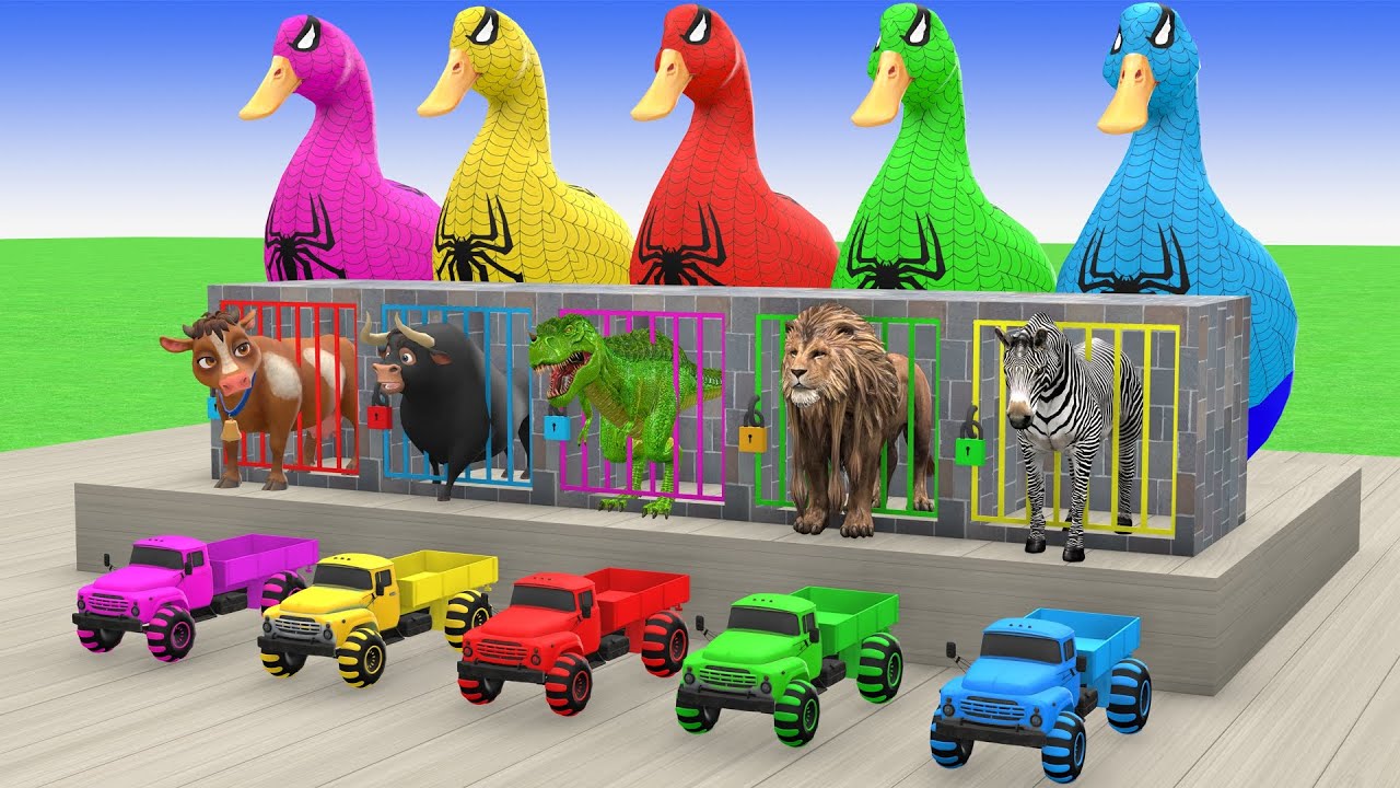 5 Giant Spiderman Ducks with cow fernendes Trex Lion Zebra with Heavy Truck