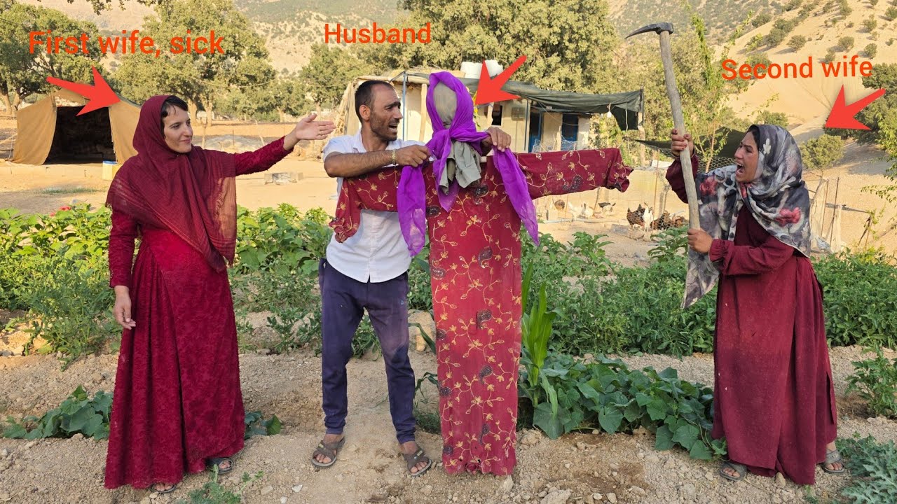 Making a scarecrow for  garden and mocking  second lady by the husband, and  first lady, the patient