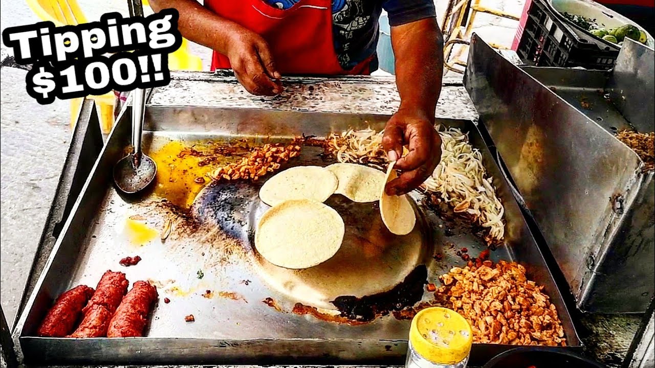 DODGING Cars, Eating Tacos & TIPPING $100 - RISKY Mexican Street Food