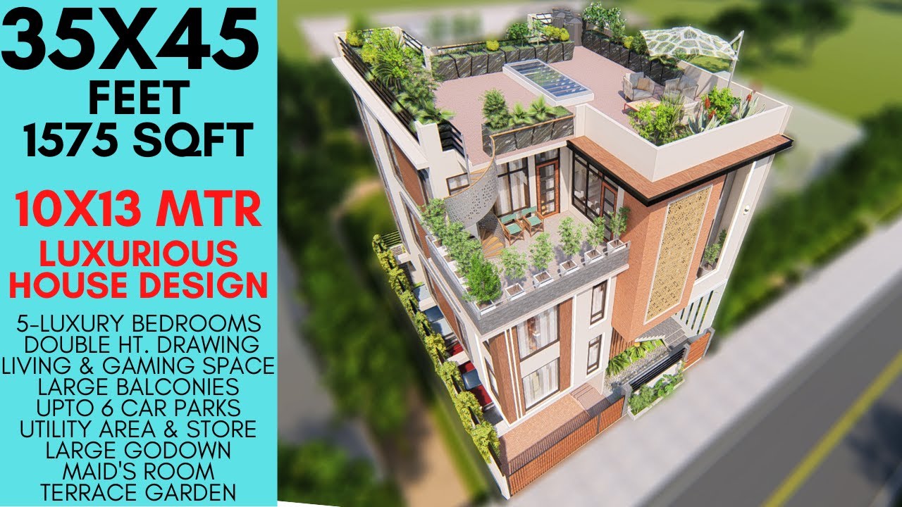 35X45 Feet | 1575 sqft Luxurious House Design with Stepped Entry | 150 Gaj | 10X13.7 Mtr. | ID-107