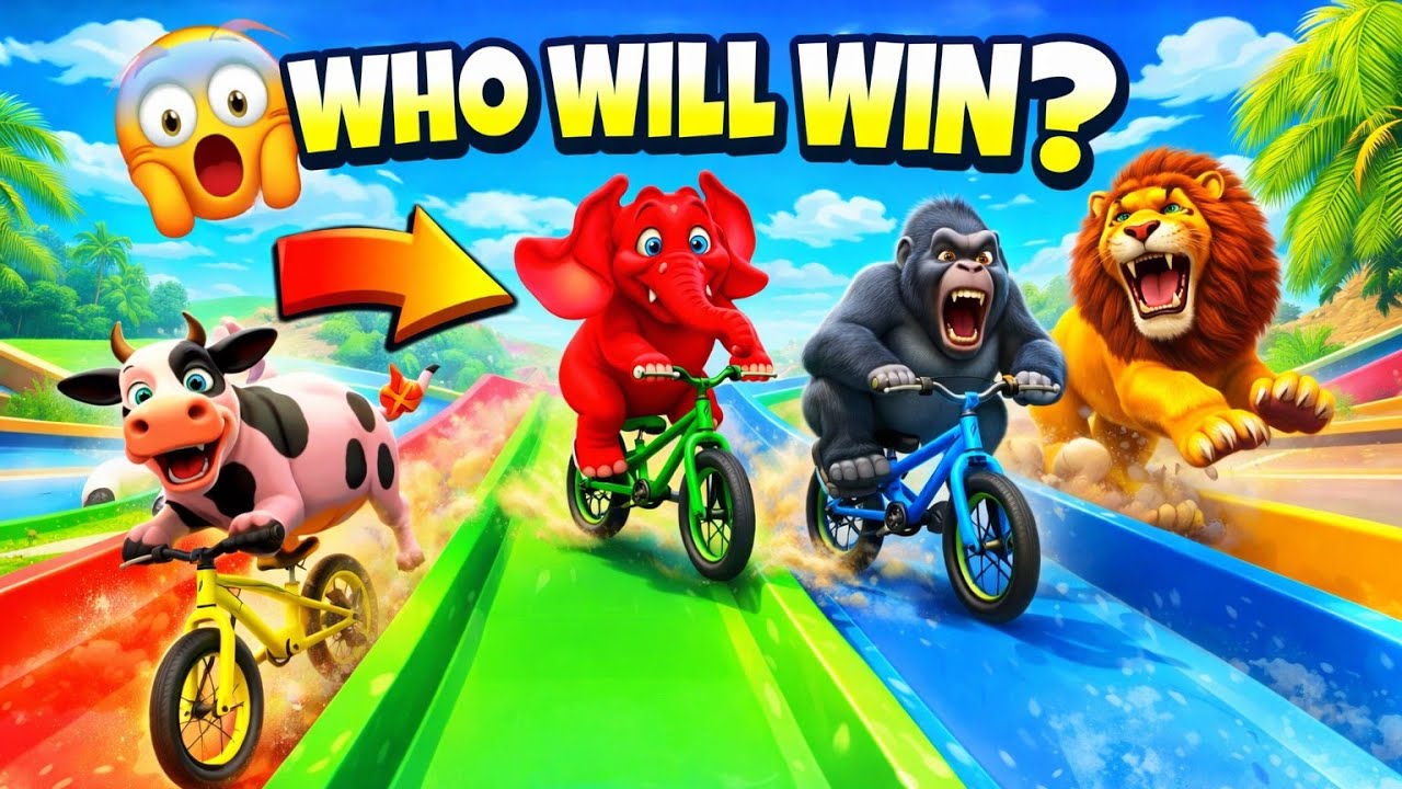 Funny Animal Slide Race 😂 Who Will Win #cow #dog #hulk #funny #comedy #elephant #humorvibes 