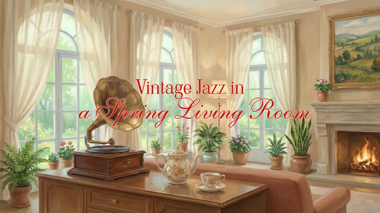 Vintage Jazz in a Spring Living Room with Fireplace | Instrumental Music for Relaxation & Reading