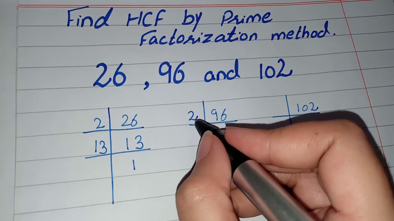 Find HCF of 26,96 and 102 by prime Factorization method