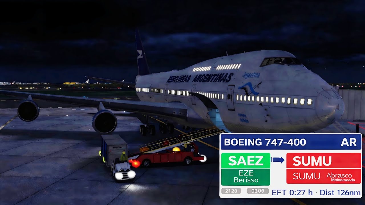 🛩️ VOO COMPLETO RFS | Boeing 747-400 🇦🇷➡️🇺🇾 | SAEZ ➡️ SUMU | Noite 🌙 | Quad HD.