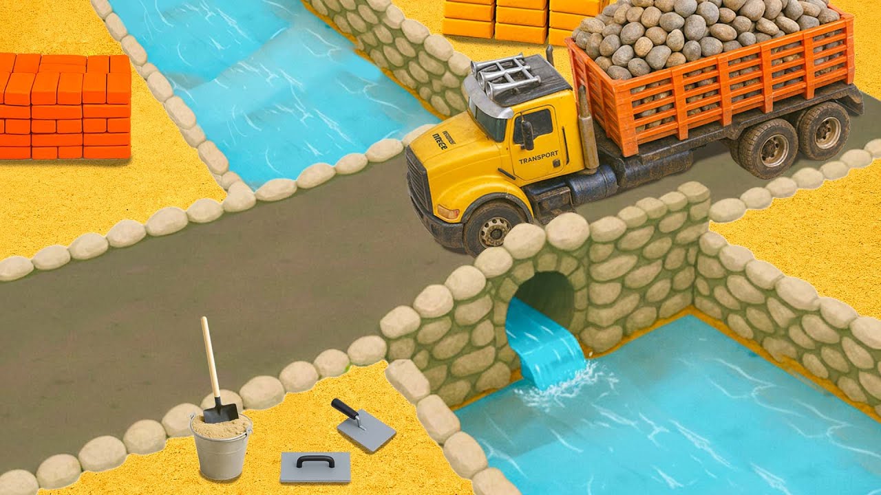 DIY Mini Stone Road Bridge with Water Channel & Dump Truck | Mini Construction Project