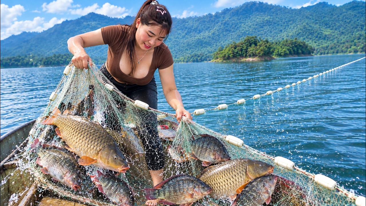 She Spreads a 1KM Fishing Net Across a Massive Reservoir &mdash; The Catch Was Incredible!