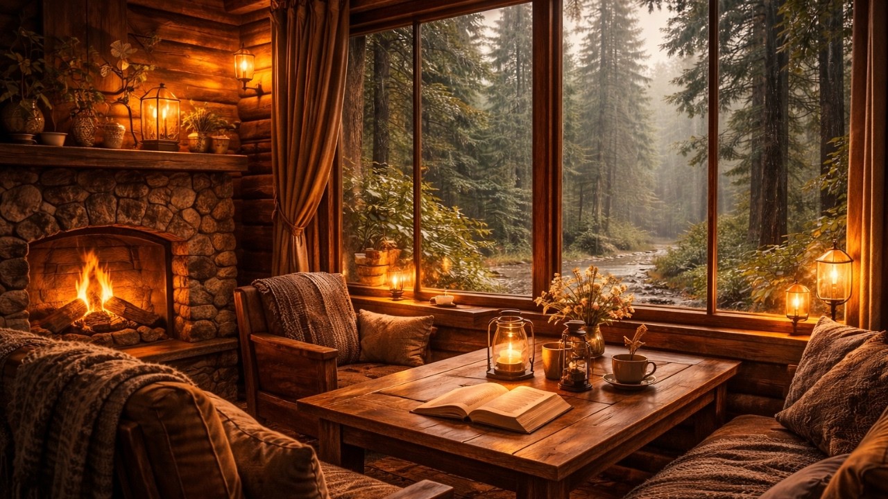Golden Hour Cafe — Rainy Forest Cabin Cafe 🌧 Cozy Jazz & Rain Ambience for Relaxation