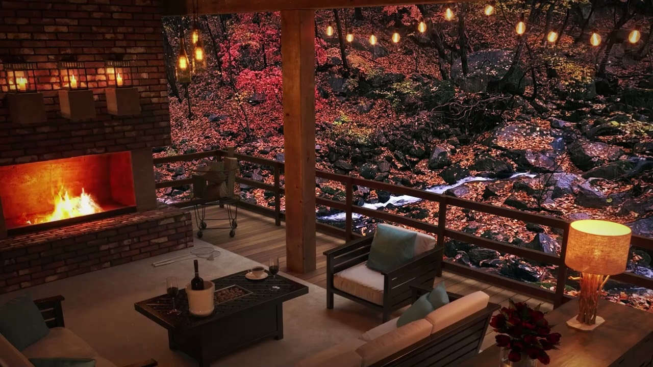 water sound of valley full of autumn feeling | rain sound | fireplace