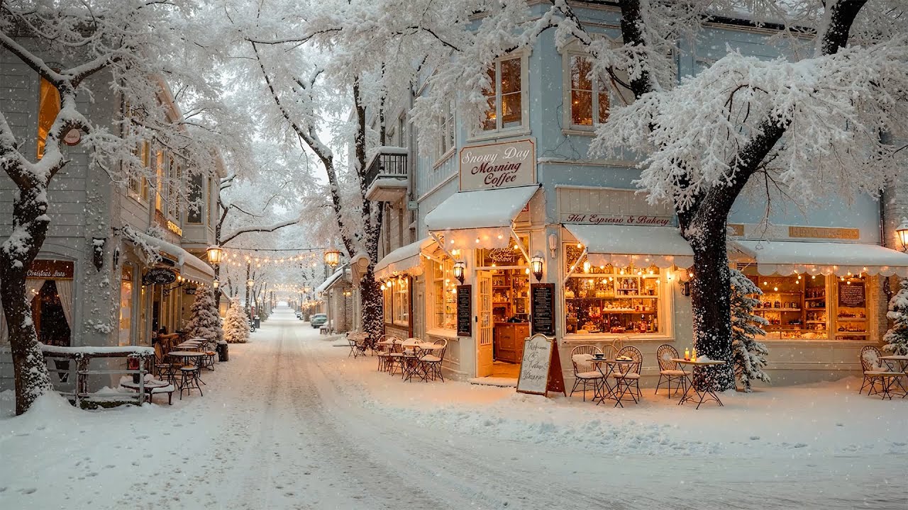 Gentle Morning Jazz ❄️Snowy Day Coffee Shop in a Peaceful Town | Sweet Winter Jazz to Ease Your Mind