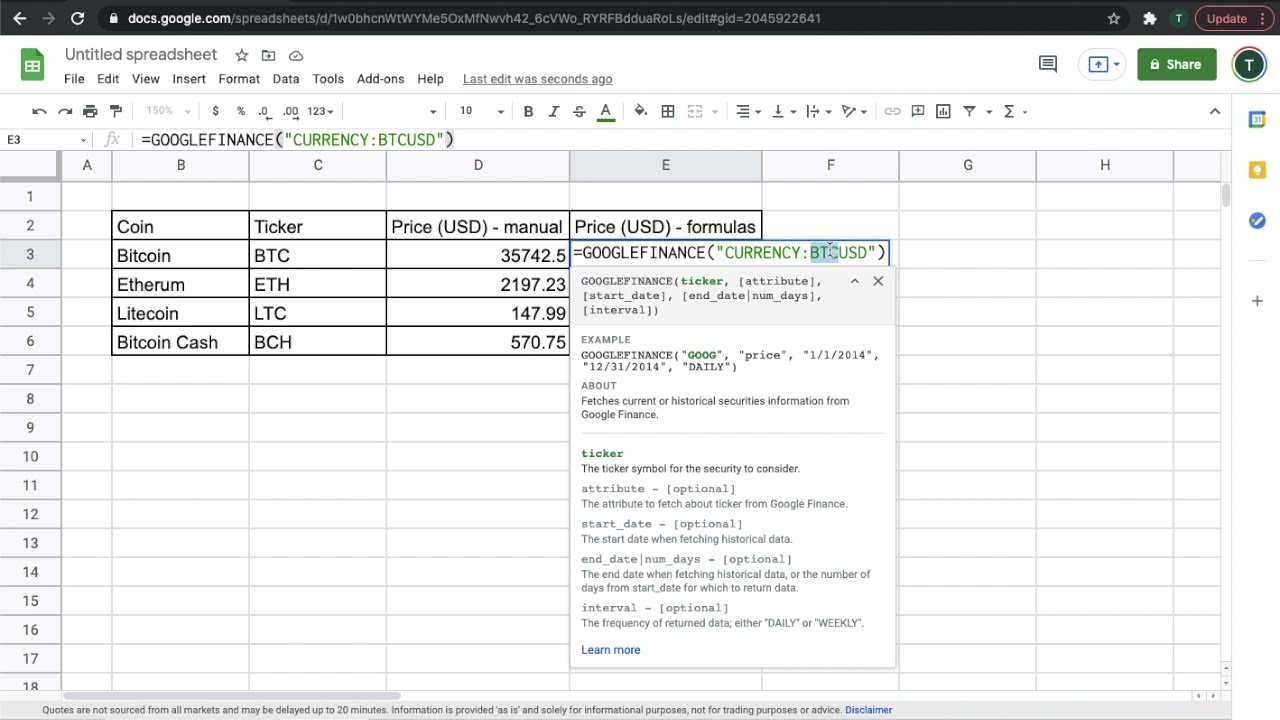 How to quickly view popular crypto prices in Google Sheets