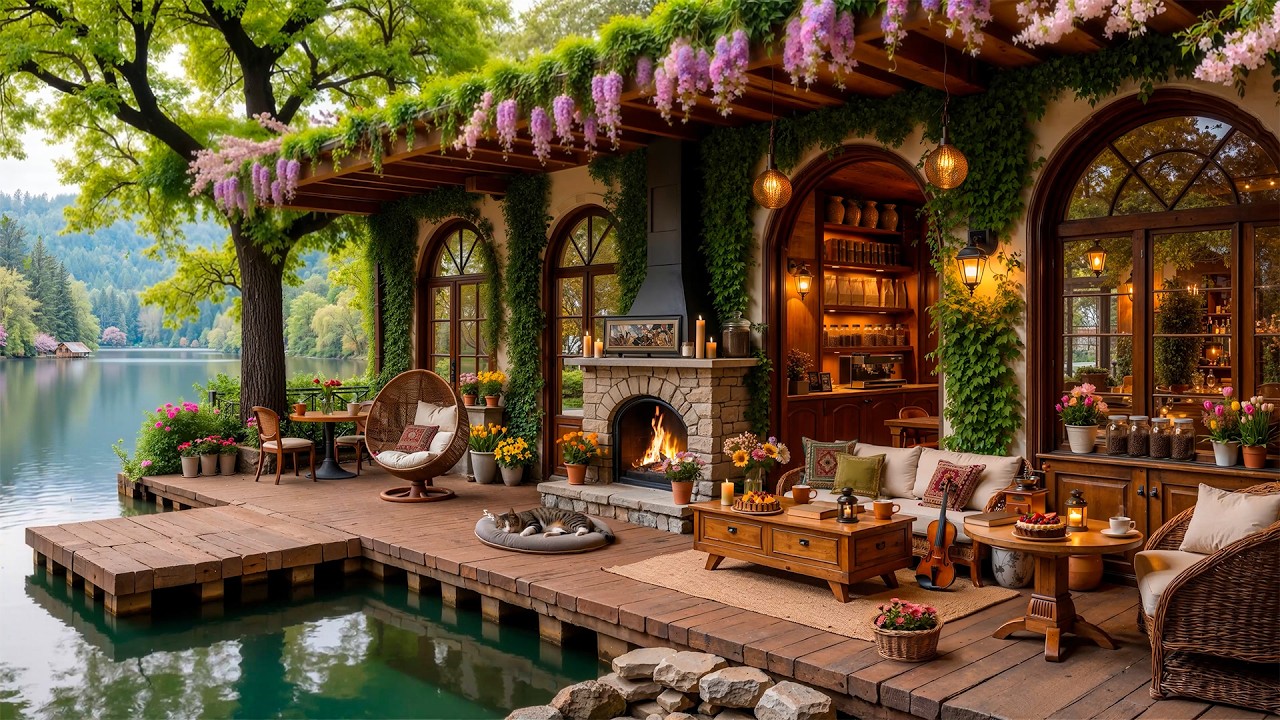 Elegant Spring Caf&eacute; Jazz 🌸 Smooth Jazz Music in a Peaceful Lakeside Retreat