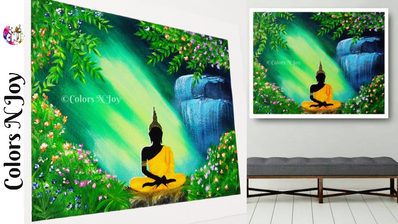 Lord Buddha in a Green Forest Painting | Acrylic Painting Tutorial for Beginners