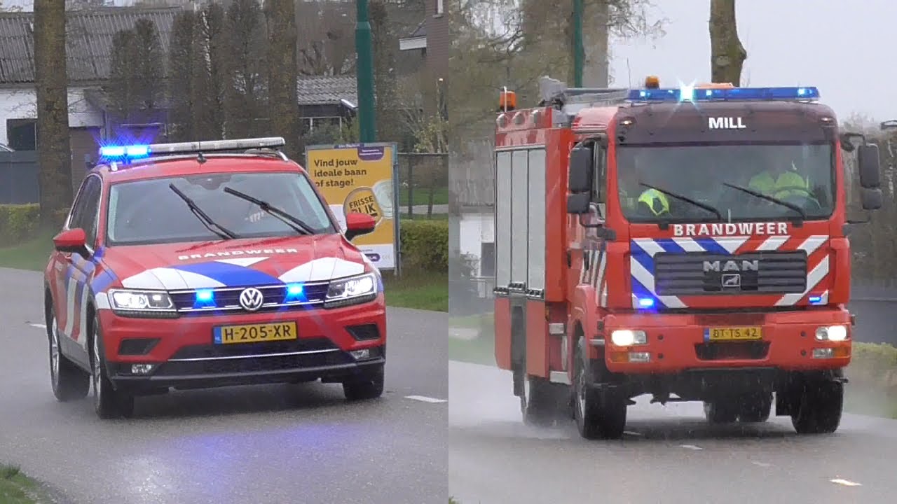 Hulpverleningsvoertuig Brandweer Mill en Officier van Dienst met spoed naar een  ongeval in Beers