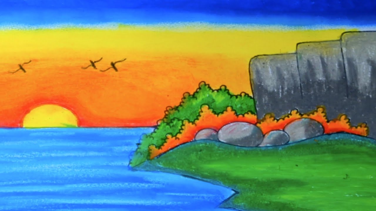 How to Draw Beautiful Sunset Landscape Drawing | Easy Nature Scenery Drawing with Color Pencil