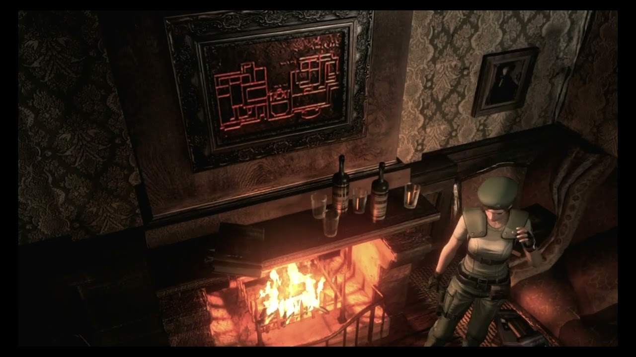 Resident Evil 1, fireplace room with rain