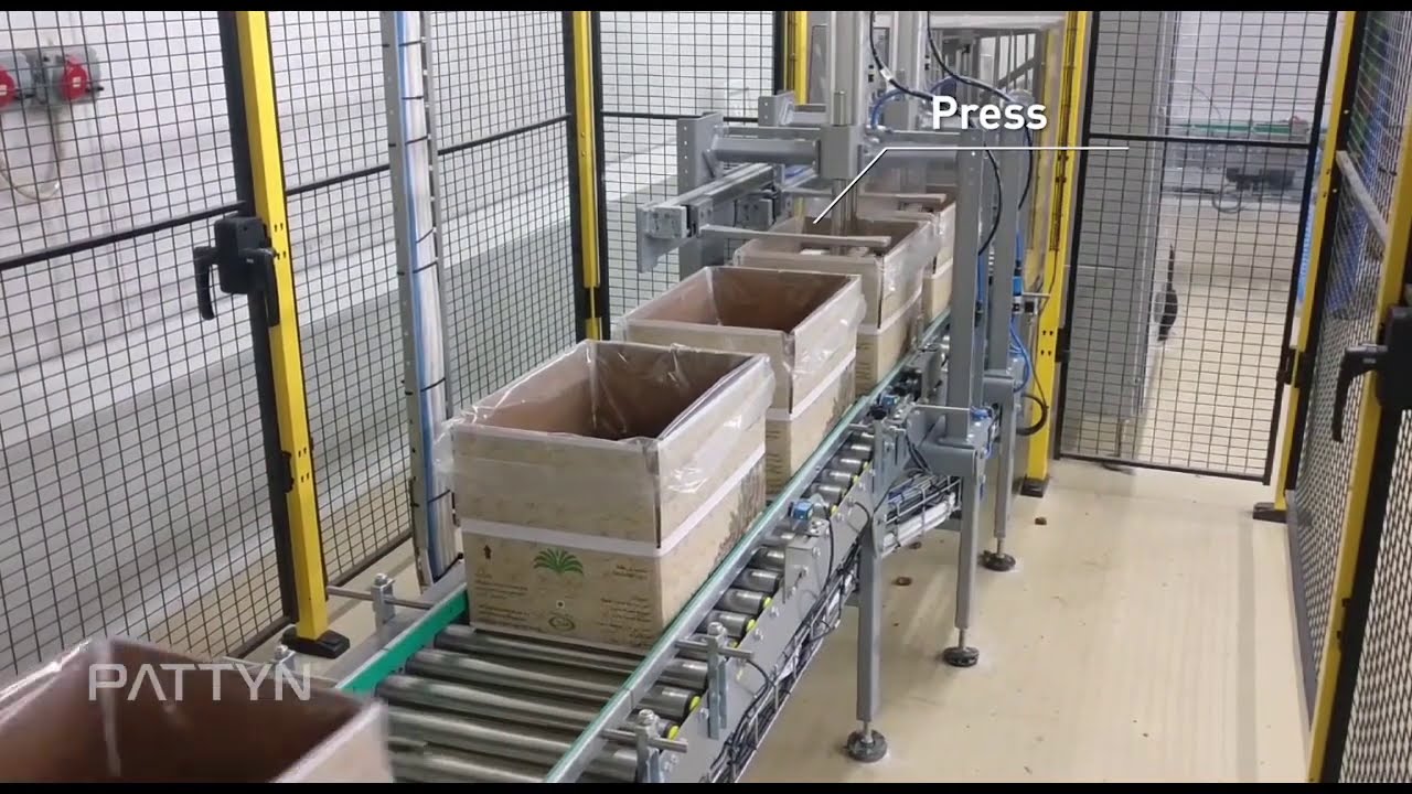 Complete and fully automated bulk box filling line for dried fruits