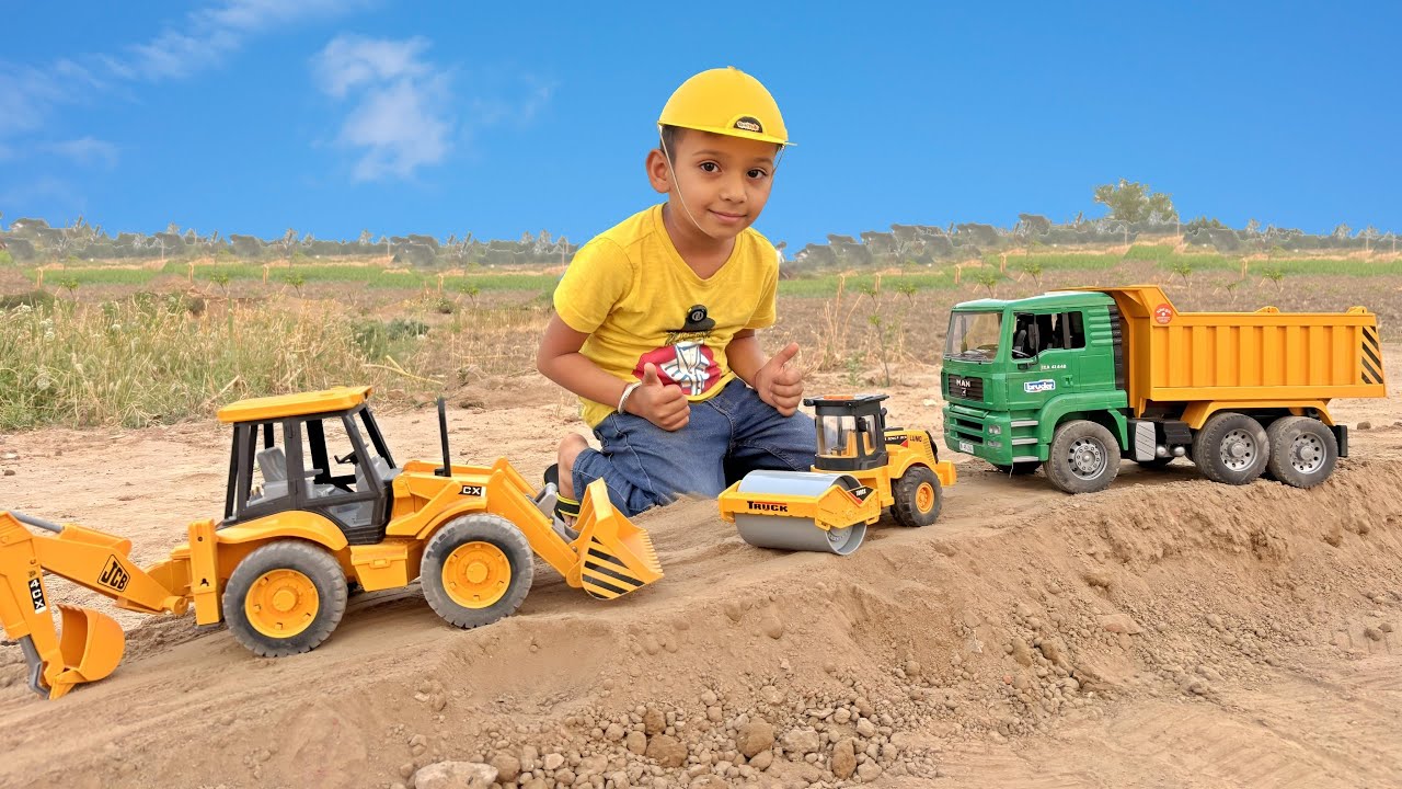 Kids Build a Road with JCB, Dump Truck & Road Roller Unboxing | Car Gets Stuck in Sand! #cntoys