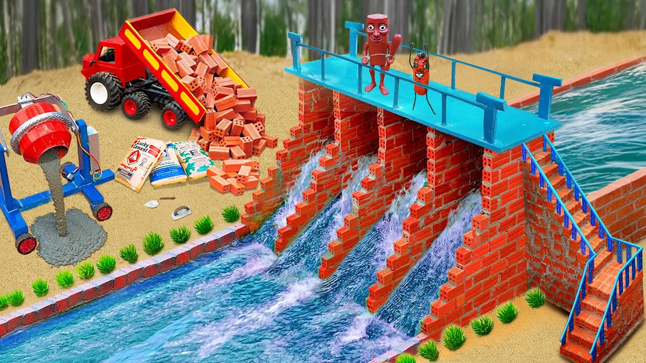 DIY Science Project Mini Bridge - Making Mini 4 Compartment Dam With Bricks To Prevent Crocodile
